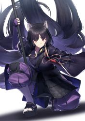 Rule 34 | 1girl, animal ears, arknights, armor, beads, black hair, black kimono, dog ears, facial mark, fingerless gloves, forehead mark, gloves, highres, holding, holding weapon, itaco, japanese clothes, kimono, knee pads, long hair, looking at viewer, naginata, on one knee, pants, polearm, prayer beads, purple gloves, purple pants, red eyes, saga (arknights), simple background, solo, very long hair, weapon, white background