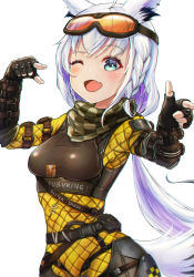 Rule 34 | 1girl, absurdres, ahaha kun, ahoge, animal ears, apex legends, belt, black gloves, blush, bodysuit, braid, breasts, commentary, cosplay, english commentary, fang, fingerless gloves, fox ears, fox girl, fox tail, gloves, goggles, goggles on head, green eyes, hair between eyes, highres, hololive, long hair, looking at viewer, medium breasts, mirage (apex legends), mirage (apex legends) (cosplay), one eye closed, open mouth, scarf, shirakami fubuki, sidelocks, simple background, single braid, skin fang, solo, tail, virtual youtuber, white background, white hair, yellow bodysuit