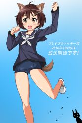 Rule 34 | 10s, 1girl, 2016, 9910991 (kindin), :d, ahoge, animal ear fluff, animal ears, blue background, blush, brave witches, brown eyes, brown hair, brown tail, clenched hands, collarbone, commentary request, dated, gradient background, hair ornament, hairclip, hands up, highres, karibuchi hikari, long sleeves, looking at viewer, matching hair/eyes, one-piece swimsuit, open mouth, ribbon, running, school swimsuit, school uniform, serafuku, shoes, short hair, simple background, smile, solo, squirrel ears, squirrel tail, swimsuit, swimsuit under clothes, tail, text focus, translation request, uniform, white footwear, white ribbon, world witches series