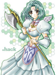 Rule 34 | .hack//, .hack//sign, 00s, 1girl, armor, armored dress, axe, bandai, copyright name, cyber connect 2, dress, facial mark, green background, honeycomb background, honeycomb pattern, lowres, midriff, subaru (.hack//), weapon, white dress