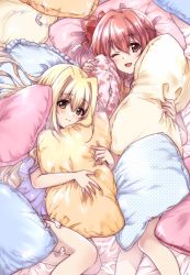 Rule 34 | 2girls, bed sheet, blonde hair, blue shirt, bow, brown eyes, closed mouth, commentary request, feathers, from above, hair bow, hair intakes, highres, holding, holding pillow, iris (nanoha), kuroi mimei, long hair, looking at viewer, lying, lyrical nanoha, mahou shoujo lyrical nanoha detonation, multiple girls, on back, on bed, one eye closed, open mouth, pajamas, pillow, red eyes, red hair, shirt, short sleeves, smile, yuri eberwein