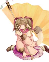 Rule 34 | 1girl, animal ears, blush, brown hair, canariadraw, closed mouth, dress, full body, highres, holding, holding staff, long sleeves, nekone (utawarerumono), pink dress, purple skirt, ribbon, shoes, simple background, sitting, skirt, solo, staff, tail, twintails, utawarerumono, utawarerumono: itsuwari no kamen, wariza, white background