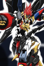 Rule 34 | akika, armor, dark background, fangs, foreshortening, gaogaigar, genesic gaogaigar, looking at viewer, mecha, no humans, outstretched arm, red eyes, red hair, robot, solo, super robot, yuusha ou gaogaigar, yuusha ou gaogaigar final, yuusha series