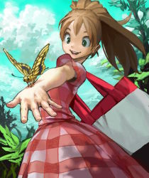 Rule 34 | 1girl, aqua sky, bag, brown hair, bug, butterfly, cloud, cloudy sky, commentary request, cowboy shot, day, dress, green eyes, bug, leaf, open mouth, original, outdoors, plaid, plaid dress, plant, ponytail, red dress, short sleeves, shoulder bag, sky, smile, solo, tayama midori, yellow butterfly