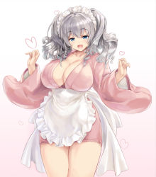Rule 34 | 10s, 1girl, :d, alternate costume, apron, blue eyes, blush, breasts, cleavage, collarbone, commentary request, cowboy shot, enmaided, highres, japanese clothes, kantai collection, kashima (kancolle), kimono, kiyama satoshi, large breasts, long sleeves, looking at viewer, maid, maid headdress, open mouth, revision, short kimono, silver hair, smile, solo, twintails, wa maid, waist apron, wavy hair, wide sleeves
