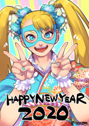 Rule 34 | 1girl, 2020, blonde hair, blue eyes, blue kimono, commentary request, double v, floral print, flower, hair flower, hair ornament, happy new year, japanese clothes, kimono, long hair, looking at viewer, mask, multicolored nails, nail polish, new year, obi, rainbow mika, sash, smile, solo, street fighter, street fighter v, teko (tawake), twintails, v, wrestling mask, wrist cuffs