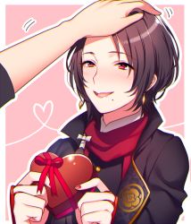 Rule 34 | 10s, 1boy, candy, chocolate, chocolate heart, earrings, eyebrows, food, hand on another&#039;s head, headpat, heart, heart of string, jewelry, kashuu kiyomitsu, lips, male focus, mole, mole under mouth, nail polish, pink background, ponytail, red eyes, red nails, saniwa (touken ranbu), scarf, simple background, smile, solo focus, touken ranbu, tubumi, valentine