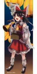 Rule 34 | 1girl, bare shoulders, black footwear, bow, closed eyes, collar, detached sleeves, dress, forbidden scrollery, hair tubes, hakurei reimu, hand up, highres, long sleeves, matsukuzu, night, night sky, open mouth, red bow, red dress, shoes, short hair, sky, smile, socks, solo, standing, torch, touhou, white collar, white sleeves, white socks, yellow neckwear