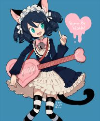 Rule 34 | 1girl, :3, animal ear fluff, animal ears, aqua eyes, bell, blue background, blue hair, cat ears, cat girl, cat tail, copyright name, curly hair, cyan (show by rock!!), dated, dot nose, electric guitar, feet out of frame, frills, gothic lolita, guitar, hand up, head tilt, heart, heart guitar, index finger raised, instrument, jingle bell, l hakase, lolita fashion, long sleeves, looking to the side, open mouth, puffy sleeves, ribbon, ringlets, short hair, show by rock!!, signature, simple background, smile, solo, strawberry heart (show by rock!!), striped clothes, striped thighhighs, tail, tareme, thighhighs, white ribbon