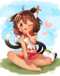 Rule 34 | 1girl, :3, :p, adapted costume, ahoge, animal ear fluff, animal ears, bare arms, barefoot, between legs, blue sky, blush, bow, brown hair, butterfly sitting, cat ears, cat tail, chen, commentary request, earrings, fang, glint, hand between legs, hat, head tilt, heart, highres, ibaraki natou, jewelry, licking, licking hand, midriff, miniskirt, mob cap, mochen, multiple tails, navel, no headwear, no headwear, on ground, one eye closed, panties, pantyshot, red eyes, red skirt, red vest, short hair, signature, single earring, sitting, skirt, sky, solo, tail, tongue, tongue out, touhou, underwear, vest, white bow, white neckwear, white panties