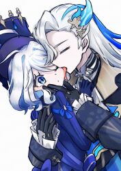 Rule 34 | 1boy, 1girl, black gloves, blue eyes, blue hair, closed eyes, commentary request, furina (genshin impact), genshin impact, gloves, grey hair, hair ornament, hand on another&#039;s face, hat, hetero, highres, hug, licking, long hair, multicolored hair, neuvillette (genshin impact), one eye closed, short hair, simple background, upper body, usagi paint, white background