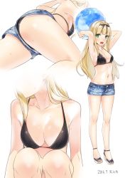 Rule 34 | 10s, 1girl, 2016, ama mitsuki, armpits, arms up, artist name, ass, ball, bare arms, bare legs, bare shoulders, beachball, bikini, bikini top only, bikini under clothes, black bikini, black ribbon, blonde hair, blunt bangs, blush, breasts, cleavage, collarbone, commentary, dated, denim, denim shorts, green eyes, hair ribbon, halterneck, holding, holding ball, kantai collection, legs, long hair, looking at viewer, medium breasts, multiple views, navel, open mouth, ribbon, shiny skin, short shorts, shorts, simple background, sketch, squatting, standing, sweat, swimsuit, swimsuit under clothes, thighs, upshorts, white background, yuudachi (kancolle)