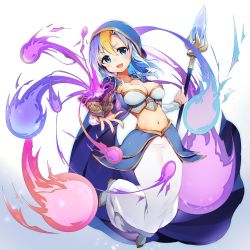 Rule 34 | 1girl, :d, absurdres, airmisuzu, armor, blonde hair, blue eyes, blue hair, boots, box, breastplate, breasts, cleavage, cloak, commentary request, crop top, faulds, hearthstone, highres, holding, holding staff, hood, jaina proudmoore, long hair, long skirt, looking at viewer, magic, medium breasts, midriff, multicolored hair, navel, open mouth, skirt, smile, solo, staff, two-tone hair, v-shaped eyebrows, warcraft, white skirt