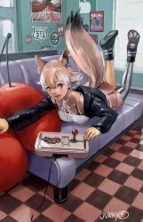 Rule 34 | 1girl, animal ears, black jacket, blonde hair, boots, couch, coyopotato, coyote (kemono friends), extra ears, gloves, highres, jacket, junny, kemono friends, kemono friends v project, kneehighs, looking at viewer, playing games, shirt, short hair, skirt, socks, solo, tail, virtual youtuber, white shirt, wolf ears, wolf girl, wolf tail, yellow eyes