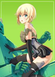 Rule 34 | 1girl, bare shoulders, black gloves, black thighhighs, blonde hair, blush, commentary request, dress, elbow gloves, frame arms girl, gloves, gourai, green background, green eyes, hand on another&#039;s chest, looking at viewer, looking to the side, microdress, open mouth, pinakes, robot, short hair, shoulder blades, skindentation, sleeveless, straddling, thighhighs, thighs