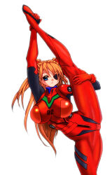 Rule 34 | 1girl, alternate breast size, aqua eyes, ass, bodysuit, breasts, brown hair, curvy, evangelion: 3.0 you can (not) redo, eyepatch, flexible, full body, large breasts, leg lift, leg up, looking at viewer, neon genesis evangelion, plugsuit, rebuild of evangelion, red bodysuit, sawano kiyoshi, shiny clothes, simple background, solo, souryuu asuka langley, standing, standing on one leg, two side up, wide hips