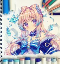 Rule 34 | 1girl, absurdres, anny (yoai), bare shoulders, blue bow, blue choker, blue hair, blue kimono, bow, bow-shaped hair, choker, colored pencil (medium), commentary, detached sleeves, english commentary, fish, frilled sleeves, frills, genshin impact, gradient hair, high ponytail, highres, instagram username, japanese clothes, kimono, marker (medium), multicolored hair, pink hair, sangonomiya kokomi, sidelocks, solo, traditional media, upper body, water