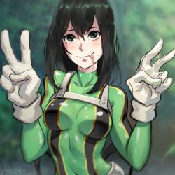 Rule 34 | 10s, 1girl, :&gt;, absurdres, asui tsuyu, black eyes, bodysuit, boku no hero academia, frog girl, goggles, goggles on head, green bodysuit, hair rings, highres, long hair, long tongue, looking at another, low-tied long hair, ragecndy, solo, tongue, tongue out, very long tongue
