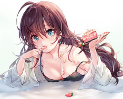 Rule 34 | 1girl, ahoge, bare shoulders, bed sheet, black camisole, blue eyes, blush, breasts, brown hair, cake, cake slice, camisole, cleavage, collarbone, commentary request, food, food on body, food on face, food on hand, fruit, hair between eyes, holding, holding plate, ichinose shiki, idolmaster, idolmaster cinderella girls, long hair, looking at viewer, lying, medium breasts, on stomach, open clothes, open shirt, pf, plate, shirt, solo, strap slip, strawberry, tongue, tongue out, very long hair, white shirt