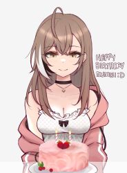 Rule 34 | 1girl, :d, ahoge, alternate costume, berry, birthday cake, black choker, brown eyes, brown hair, cake, camisole, choker, crossed bangs, english text, food, fruit, hair down, highres, hololive, hololive english, hood, hoodie, jewelry, long hair, m r b, multicolored hair, nanashi mumei, necklace, official alternate hairstyle, open mouth, pink hoodie, smile, spaghetti strap, strawberry, streaked hair, virtual youtuber, white camisole
