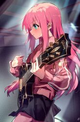 Rule 34 | 1girl, aqua eyes, bocchi the rock!, closed mouth, electric guitar, from side, gibson les paul, glint, gotoh hitori, grey skirt, guitar, highres, holding, holding instrument, instrument, jacket, long hair, long sleeves, music, pants, pants under skirt, pink hair, pink jacket, pink pants, playing instrument, sidelocks, skirt, solo, sweat, taiyaking, track jacket, track pants