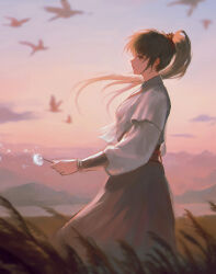 1girl bird black_hair breasts closed_mouth commentary_request dandelion dandelion_seed flower from_side high_ponytail highres holding holding_flower japanese_clothes kimono long_hair medium_breasts mountainous_horizon original puffy_sleeves skirt sky solo sunset tomatoketchup96 water wheat_field white_kimono