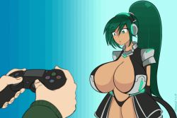 Rule 34 | 10s, 1boy, 1girl, android, animated, animated gif, artist name, black dress, body control, borrowed character, bouncing, bouncing breasts, breasts, cleavage, collar, controller, dress, game console, game controller, gamepad, glowing, gradient background, green background, green eyes, green hair, holding, holding controller, huge breasts, long hair, long sleeves, looping animation, marrazan, matching hair/eyes, multicolored background, navel, nyka, original, out of frame, playstation 4, playstation controller, ponytail, resized, revealing clothes, shoulder pads, signature, solo focus, sony, standing, staring, upscaled, watching