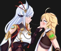 Rule 34 | 1boy, 1girl, aether (genshin impact), after kiss, blonde hair, blush, couple, drooling, eye contact, genshin impact, grabbing, hetero, highres, kiss, long hair, looking at another, saliva, saliva swap, saliva trail, shenhe (genshin impact), surprise kiss, surprised, white hair