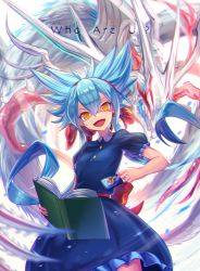 Rule 34 | 1girl, blue dress, blue hair, book, bow, card, character request, chromatic aberration, commentary request, dragon, dress, duel masters, english text, fua yuu (duel masters), hair between eyes, hair bow, hair ribbon, highres, holding, holding book, holding card, kenko (a143016), long hair, looking at viewer, orange eyes, puffy short sleeves, puffy sleeves, ribbon, short sleeves, smile, solo, twintails, white background