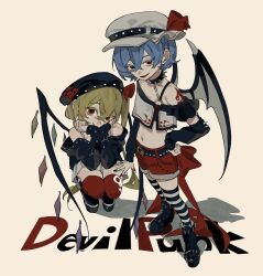 Rule 34 | 2girls, alternate costume, back bow, bat wings, belt, beret, black footwear, black jacket, black sleeves, blonde hair, boots, bow, cabbie hat, closed mouth, collar, collarbone, colored eyelashes, crop top, crystal, dee (tannsumi), detached sleeves, english text, fingernails, flandre scarlet, foreshortening, from above, grey skirt, hair between eyes, hair bow, half-closed eyes, hand on own hip, hat, head tilt, highres, jacket, legwear garter, long hair, midriff, multicolored nails, multiple girls, navel, o-ring, o-ring legwear garter, off-shoulder jacket, off-shoulder shirt, off shoulder, open mouth, platform footwear, punk, rainbow order, red bow, red eyes, red shorts, red thighhighs, remilia scarlet, shadow, sharp fingernails, shirt, short hair, short shorts, shorts, siblings, side ponytail, simple background, sisters, skirt, smile, spaghetti strap, spiked collar, spikes, squatting, standing, striped clothes, striped thighhighs, studded belt, thighhighs, touhou, uneven eyes, wings