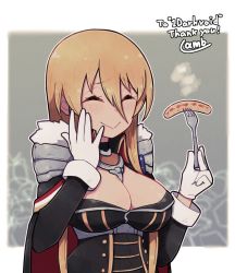 Rule 34 | 1girl, :&gt;, ^ ^, armor, azur lane, bismarck (azur lane), black cape, blonde hair, breasts, cape, cleavage, closed eyes, closed mouth, commission, facing viewer, foodgasm, fork, gloves, hairband, hand on own cheek, hand on own face, hand up, holding, holding fork, hot dog, lamb-oic029, large breasts, long sleeves, pauldrons, red cape, shoulder armor, signature, skeb commission, smile, solo, thank you, two-sided cape, two-sided fabric, upper body, white gloves