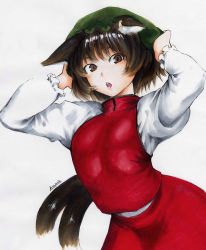 Rule 34 | 1girl, akuroporisu, animal ears, brown eyes, brown hair, cat ears, cat tail, chen, cowboy shot, earrings, frilled sleeves, frills, green hat, grey background, hat, highres, jewelry, long sleeves, looking at viewer, mob cap, multiple tails, nekomata, open mouth, puffy long sleeves, puffy sleeves, red skirt, red vest, shirt, short hair, signature, simple background, single earring, skirt, solo, tail, touhou, two tails, vest, white shirt