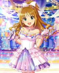 Rule 34 | 10s, 1girl, alternate costume, artist request, bare shoulders, bow, breasts, cinderella dream, frills, gloves, green eyes, hair bow, high ponytail, hino akane (idolmaster), idolmaster, idolmaster cinderella girls, long hair, looking at viewer, medium breasts, microphone, official art, open mouth, orange hair, ponytail, smile, solo, star (symbol), tiara