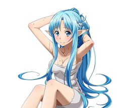 Rule 34 | 1girl, armpits, arms up, asuna (sao), bad anatomy, blue eyes, blue hair, blush, breasts, cleavage, collarbone, hands in hair, long hair, looking at viewer, medium breasts, naked towel, pointy ears, shiny skin, sitting, smile, solo, sword art online, towel, transparent background, very long hair, wet, white towel