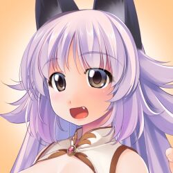 Rule 34 | 1girl, animal ears, atelier-moo, bare shoulders, breasts, brown eyes, fang, large breasts, long hair, mana (our battle has just begun!), open mouth, our battle has just begun!, portrait, purple hair, simple background, smile, solo, very long hair, wolf ears, wolf girl