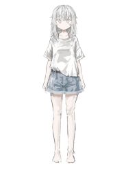 Rule 34 | 1girl, absurdres, albino, barefoot, colored eyelashes, dolphilia, grey hair, highres, messy hair, off shoulder, original, shirt, shorts, simple background, standing, white eyes