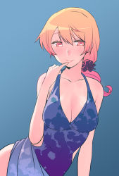 Rule 34 | 10s, 1girl, blonde hair, blue background, breasts, cleavage, clothes lift, dress, dress lift, female focus, finger to mouth, large breasts, mahou shoujo madoka magica, mahou shoujo madoka magica (anime), momoko (palemon), scrunchie, solo, tomoe mami, yellow eyes
