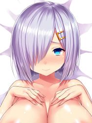 Rule 34 | 10s, 1girl, blue eyes, blush, breasts, collarbone, fingernails, hair ornament, hair over one eye, hairclip, hamakaze (kancolle), hands on own chest, kantai collection, large breasts, looking at viewer, nude, silver hair, solo, sweat, tsukumiya amane, upper body