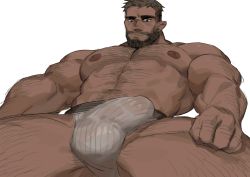 Rule 34 | 1boy, abs, absurdres, arm hair, bara, beard, bulge, character request, check character, check copyright, chest hair, copyright request, dark-skinned male, dark skin, erection, erection under clothes, facial hair, from below, hairy, highres, horikwawataru, jockstrap, large pectorals, leg hair, male focus, male underwear, mature male, muscular, muscular male, navel, navel hair, nipples, original, pectorals, short hair, solo, spread legs, stomach, thick eyebrows, thick thighs, thighs, underwear, underwear only, wet clothes, wet male underwear, white male underwear