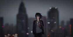 Rule 34 | 1girl, androgynous, artist name, black hair, black jacket, blurry, blurry background, bokeh, cityscape, closed mouth, commentary, cowboy shot, dated, depth of field, film grain, fireworks, highres, holding, holding fireworks, jacket, jiachen xu, long sleeves, medium hair, open clothes, open jacket, original, scenery, shirt, solo, sparkler, standing, white shirt, wide shot