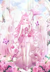 Rule 34 | 1girl, absurdres, bird, bug, butterfly, commission, danby merong, dress, flower, garden, headdress, highres, holding, holding staff, huge filesize, bug, long hair, original, pink eyes, pink hair, pink theme, rose, solo, staff, swan, winged footwear