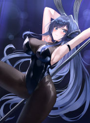 Rule 34 | 1girl, :3, animal ears, arm strap, armpits, arms up, azur lane, bare arms, bare shoulders, black leotard, black pantyhose, blue eyes, blue hair, blurry, bokeh, breasts, cleavage, covered navel, depth of field, fake animal ears, groin, highleg, highleg leotard, highres, large breasts, latex, latex leotard, leotard, lkeris, long hair, looking at viewer, new jersey (azur lane), new jersey (exhilarating steps!) (azur lane), official alternate costume, pantyhose, pole, rabbit ears, see-through, see-through cleavage, shiny clothes, solo, stripper pole, very long hair