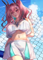 Rule 34 | 1girl, azur lane, bare shoulders, blue sky, bow, bra, breasts, bremerton (azur lane), bremerton (scorching-hot training) (azur lane), chain-link fence, cloud, cloudy sky, cokecoco, commentary, crop top, day, fence, from below, grey hair, hair between eyes, hair bow, hair ornament, hairclip, highres, large breasts, light rays, long hair, looking at viewer, looking down, midriff, multicolored hair, navel, navel piercing, piercing, pink hair, sky, streaked hair, sunlight, thighs, tongue, tongue out, twintails, two-tone hair, two-tone shirt, two-tone skirt, underwear, white bra, x hair ornament