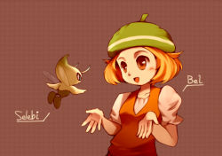 Rule 34 | 1girl, 1other, beret, bianca (pokemon), blonde hair, blue eyes, blush, breasts, brown eyes, celebi, character name, closed mouth, collarbone, creatures (company), eye contact, fairy, fairy wings, floating, game freak, gen 2 pokemon, green headwear, hands up, happy, hat, legendary pokemon, looking at another, mythical pokemon, nintendo, open mouth, orange vest, pokemon, pokemon (creature), pokemon bw, puffy short sleeves, puffy sleeves, red background, ribero, shirt, short hair, short sleeves, sidelocks, simple background, small breasts, smile, standing, upper body, vest, white shirt, wings