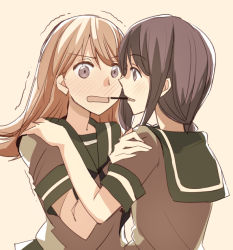Rule 34 | 2girls, black hair, blush, brown eyes, brown hair, face-to-face, food, hand on another&#039;s shoulder, kantai collection, kitakami (kancolle), long hair, multiple girls, ooi (kancolle), open mouth, pocky, pocky day, pocky kiss, sailor collar, shared food, short sleeves, takamachiya, tan background, trembling, upper body, yuri