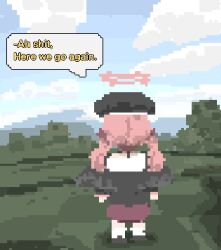 1girl ah_shit_here_we_go_again_(meme) azmira1534815 beret black_hat black_wings blue_archive blue_sky cloud english_text from_behind full_body halo hat highres koharu_(blue_archive) low_wings meme pink_hair pink_halo pixel_art sky solo twintails winged_hat wings