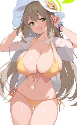 Rule 34 | 1girl, bikini, blue archive, blush, breasts, chikoku, front-tie bikini top, front-tie top, gluteal fold, green eyes, green halo, halo, hat, highres, huge breasts, light brown hair, long hair, looking at viewer, navel, nonomi (blue archive), nonomi (swimsuit) (blue archive), open clothes, open mouth, open shirt, shirt, side-tie bikini bottom, simple background, solo, sun hat, swimsuit, white background, white hat, white shirt, wristband, yellow bikini