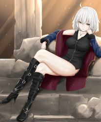 Rule 34 | 1girl, absurdres, ahoge, black dress, black footwear, blue coat, boots, coat, dress, fate/grand order, fate (series), full-length zipper, fur-trimmed coat, fur-trimmed sleeves, fur trim, high heel boots, high heels, highres, jeanne d&#039;arc (fate), jeanne d&#039;arc alter (fate), jeanne d&#039;arc alter (ver. shinjuku 1999) (fate), jewelry, knee boots, necklace, official alternate costume, open clothes, open coat, rinto (ronto66), short dress, short hair, silver hair, solo, wicked dragon witch ver. shinjuku 1999, yellow eyes, zipper