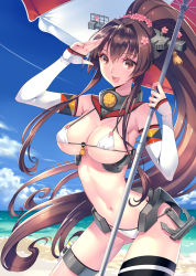 Rule 34 | 10s, 1girl, alternate costume, bare shoulders, beach, bikini, blush, breasts, brown eyes, brown hair, cherry blossoms, cleavage, cloud, day, detached sleeves, flower, hair flower, hair ornament, kantai collection, large breasts, long hair, looking at viewer, micro bikini, navel, nishimura eri, open mouth, outdoors, ponytail, salute, single thighhigh, sky, smile, solo, strap gap, swimsuit, thighhighs, umbrella, very long hair, water, white bikini, yamato (kancolle)