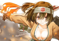 Rule 34 | 10s, 1girl, arrow (projectile), blush, breasts, brown eyes, hachimaki, headband, hiryuu (kancolle), hiryuu kai ni (kancolle), kantai collection, looking at viewer, medium breasts, one side up, quiver, short hair, side ponytail, sogabe toshinori, solo, upper body